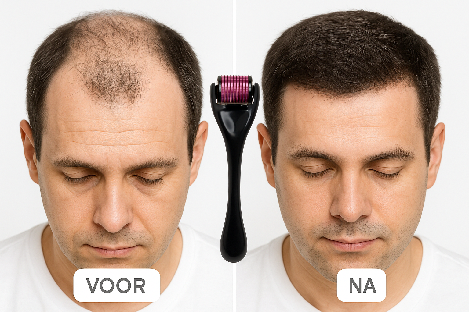 Laat doormiddel van plaatjes zien een voor en na van het effect van een dermaroller heeft op haaruitval